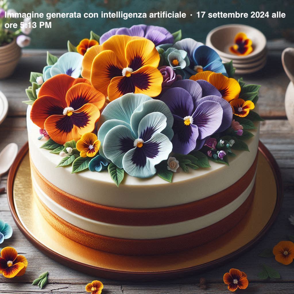 Torta decorata con viole del pensiero